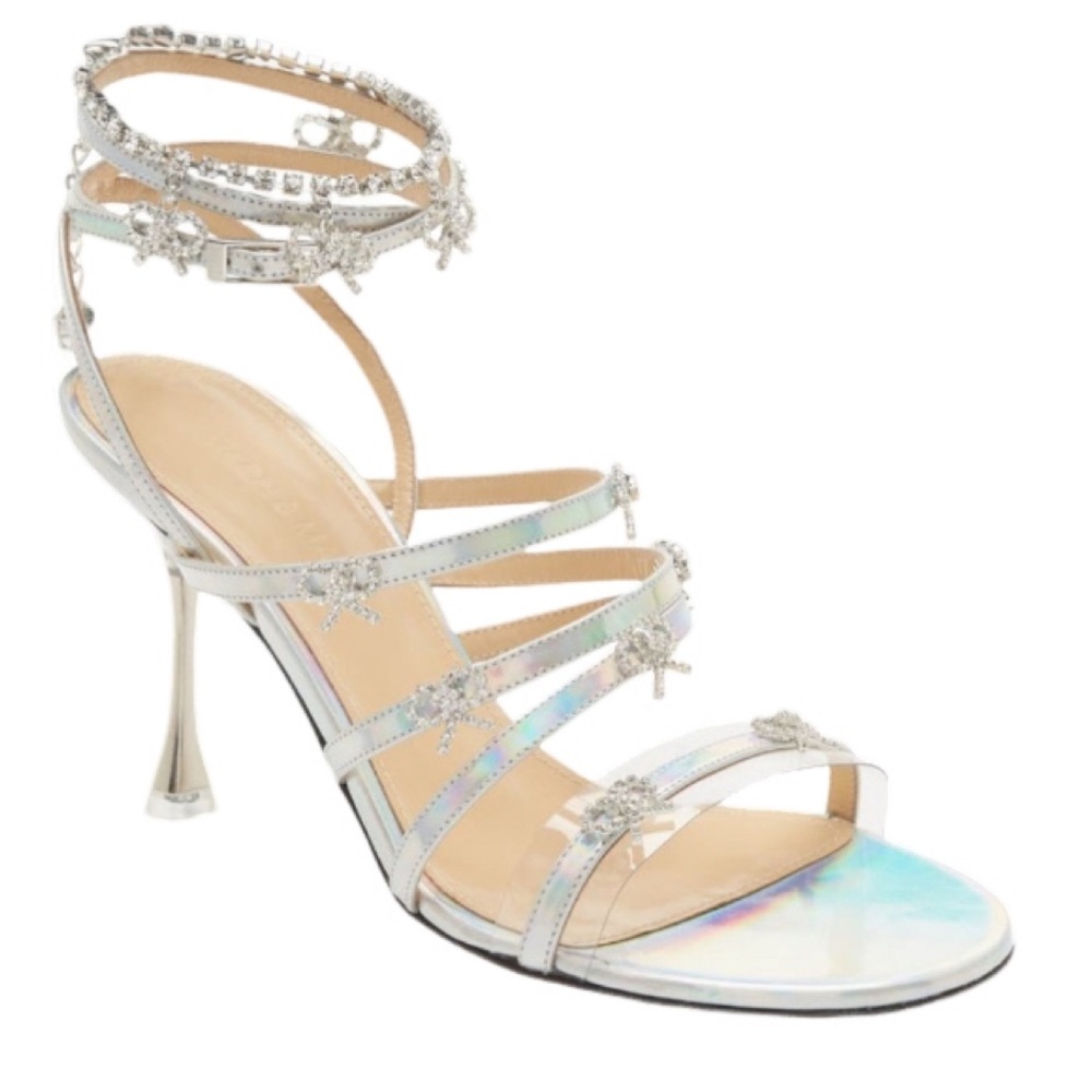 NWOB Mach & Mach Silver Camille Crystal Bow Strappy Sandal